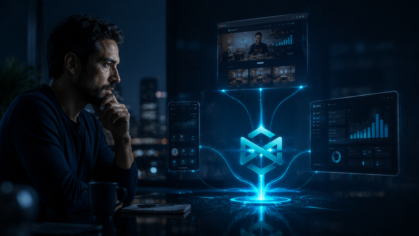 Empresário comparando página, sistema web e aplicativo conectados à mesma operação